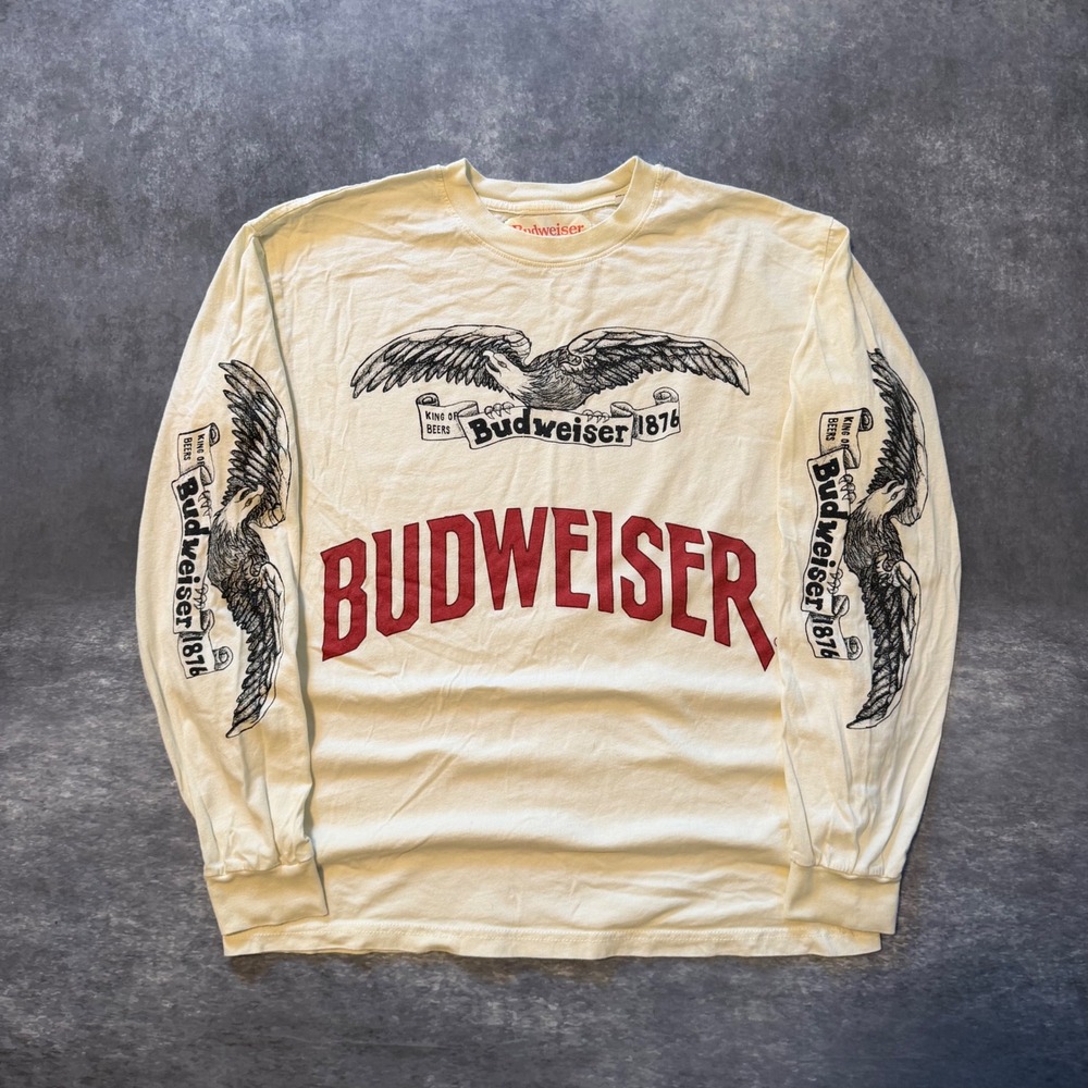 PacSun Budweiser Long Sleeve Graphic T Shirt Mens Small Cream Eagle Sleeve Print